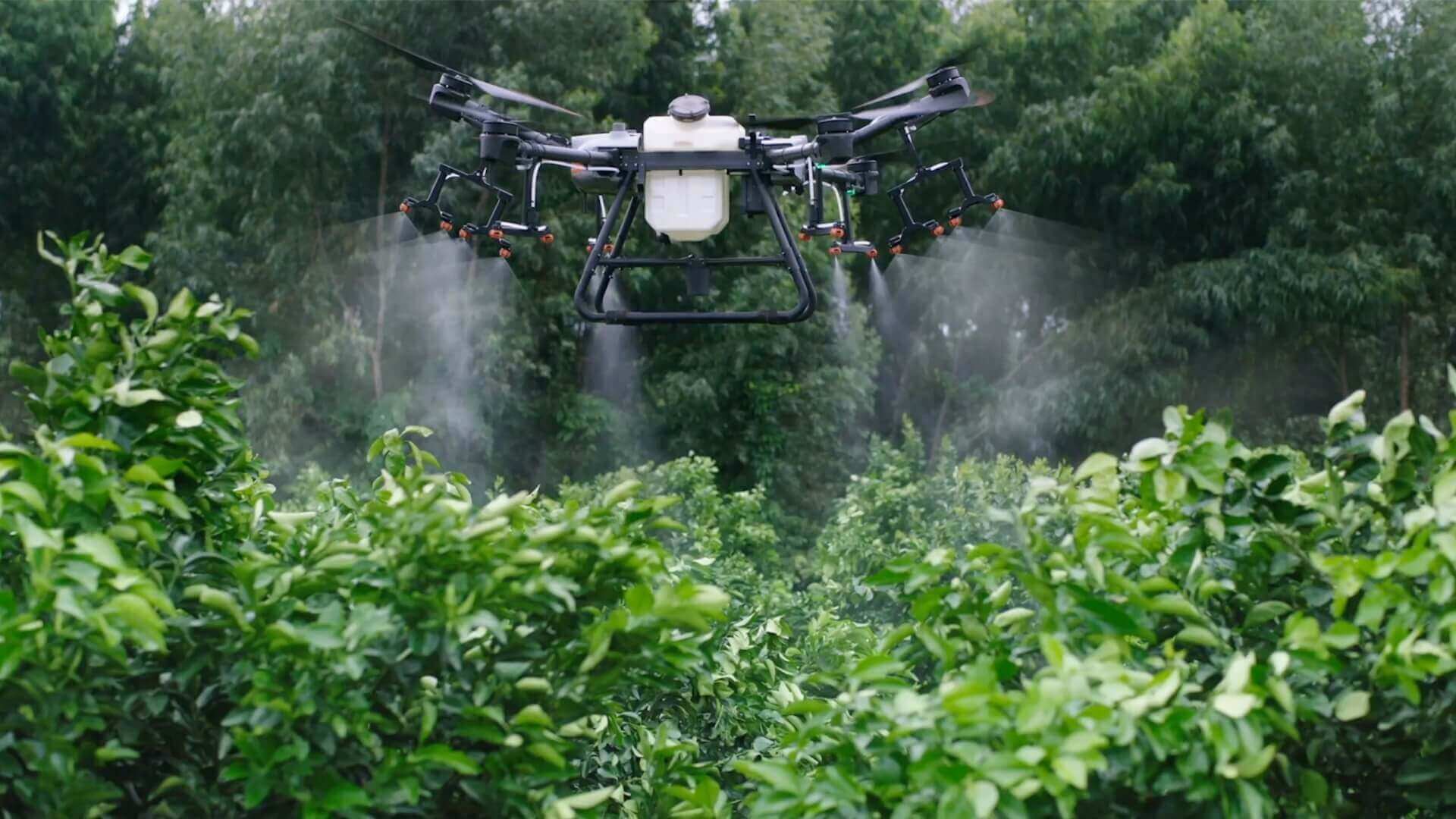 Un drone agricolo irriga un campo.