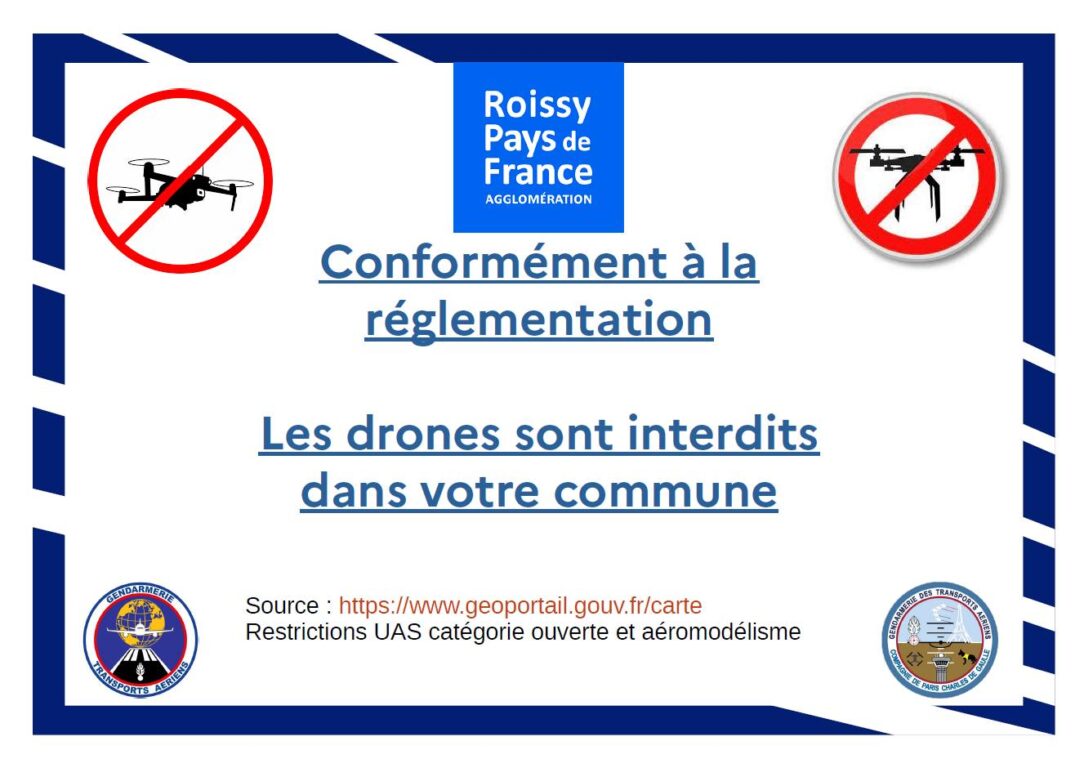 Comunicato ufficiale del comune di Roissy, Parigi, situato nei pressi dell'Aeroporto Charles De Gaulle, che vieta il volo ai droni.